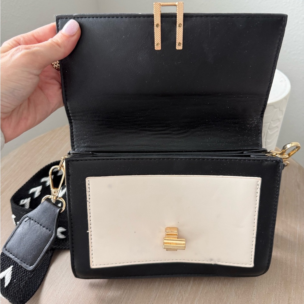 Black and White Crossbody Bag with Gold Accent - Picture 4 of 6